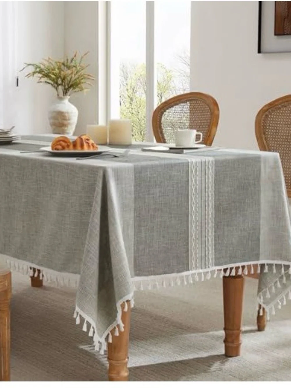 Gray Tassel-Trim Tablecloth with Center Lace Stripe